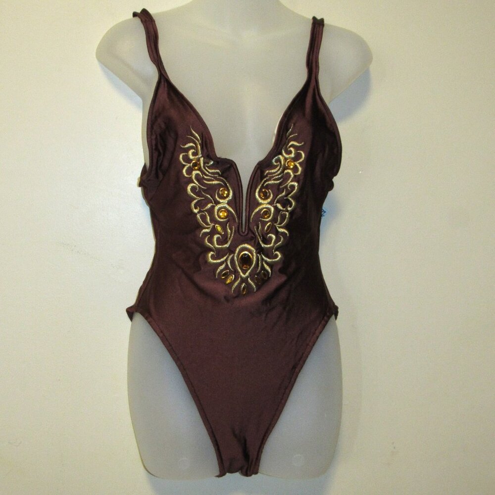 Vtg 90s TOO HOT BRAZIL Shiny Chocolate Brown Embroidered High Cut Swimsuit sz 12